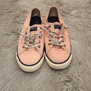 Sperry womens pink slip on tennishoes with silver leather leaces size‎ 8 1/2